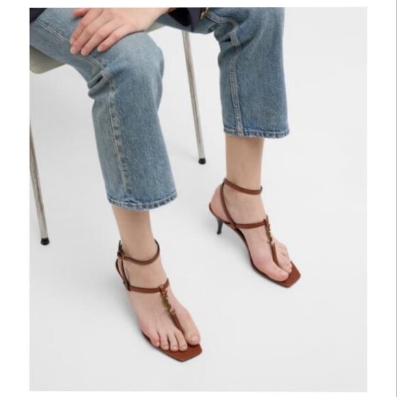 NWT Saint Laurent Vitti Brown Leather YSL T-Strap Sandals Size 37 / 7 US - Picture 2 of 5